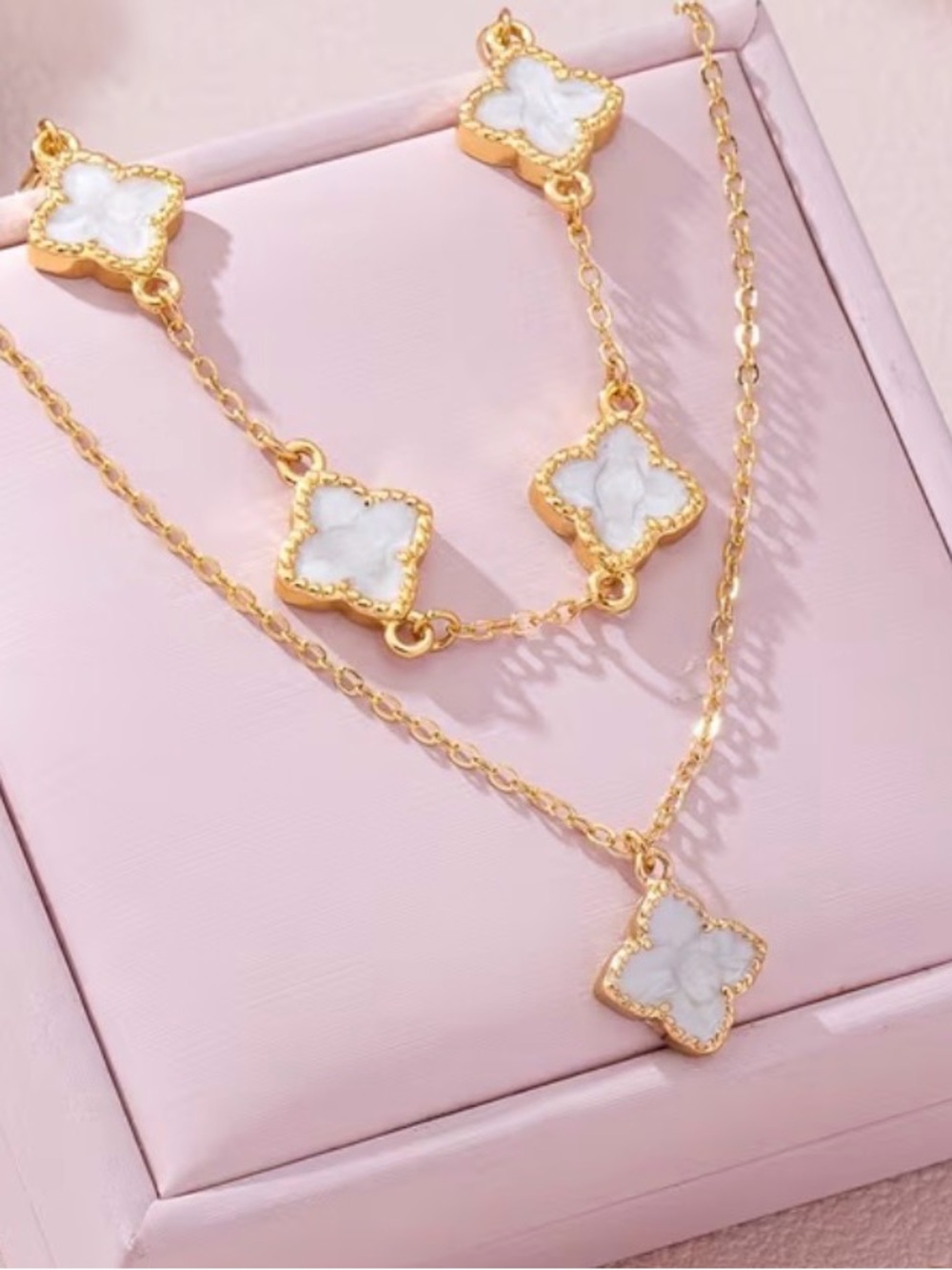 Gold-Plated White Clover Layered Necklace & Bracelet - New